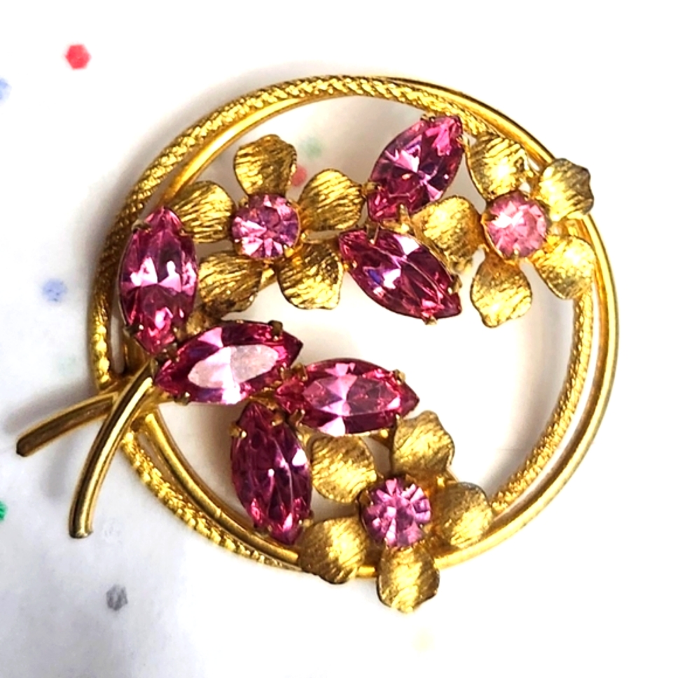 Vtg 1950s Pink Glass Prong Floral Circle Open Pin Brooch 24$